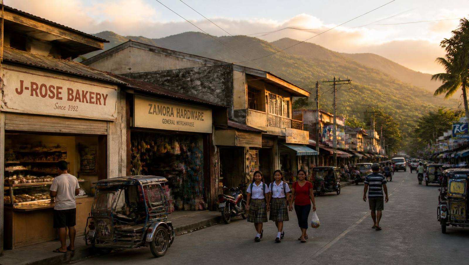 A local main street in Rizal, Philippines at golden hour